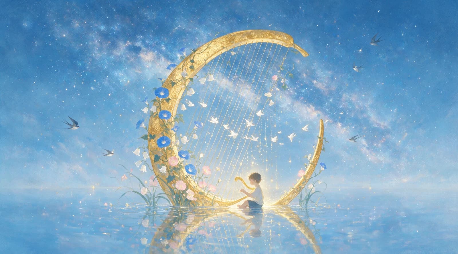 Ilustração em aquarela de um menino tocando uma harpa dourada