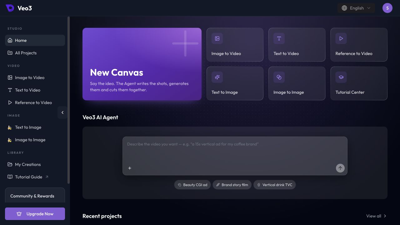 Start a project: use New Canvas or the Agent prompt area on the homepage.