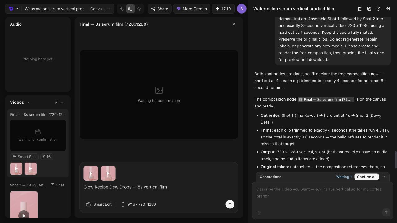 Smart Edit: Combine existing clips into a separate final-video node.