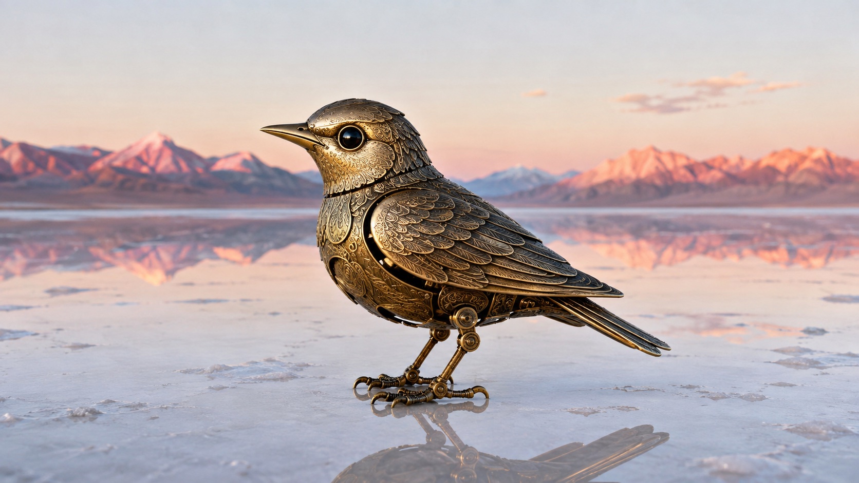 Image 1: a brass mechanical bird on a salt lake
