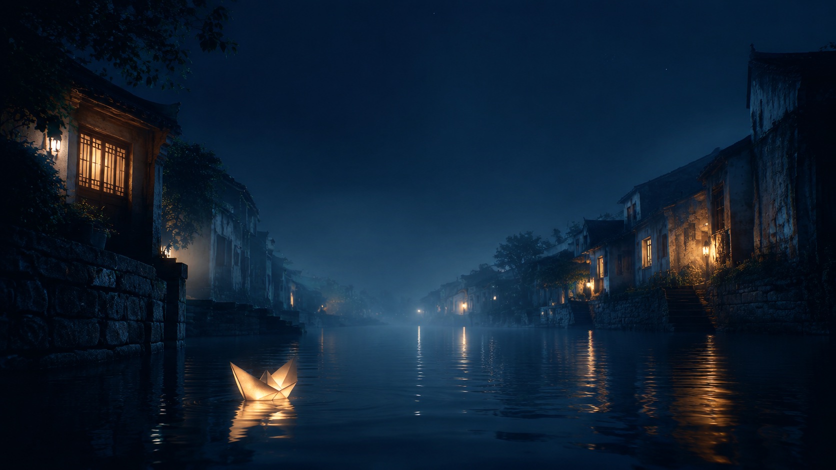 Image 1: a glowing paper sailboat in a dark canal