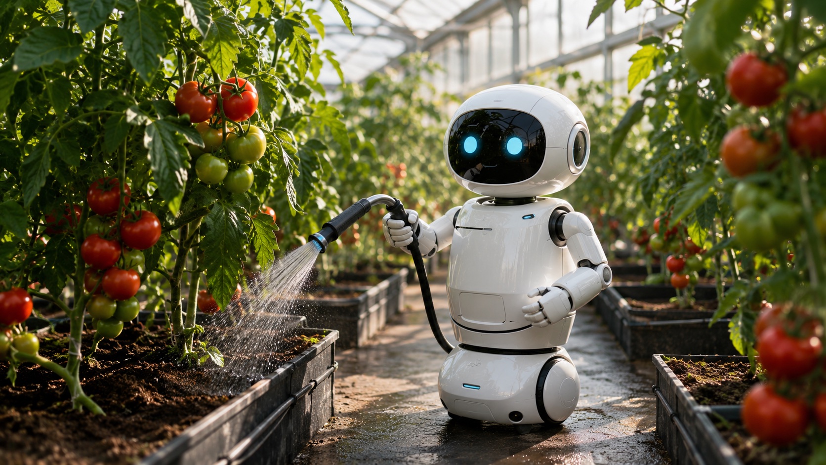 Image 1: a small robot watering tomatoes in a greenhouse with no speech bubble