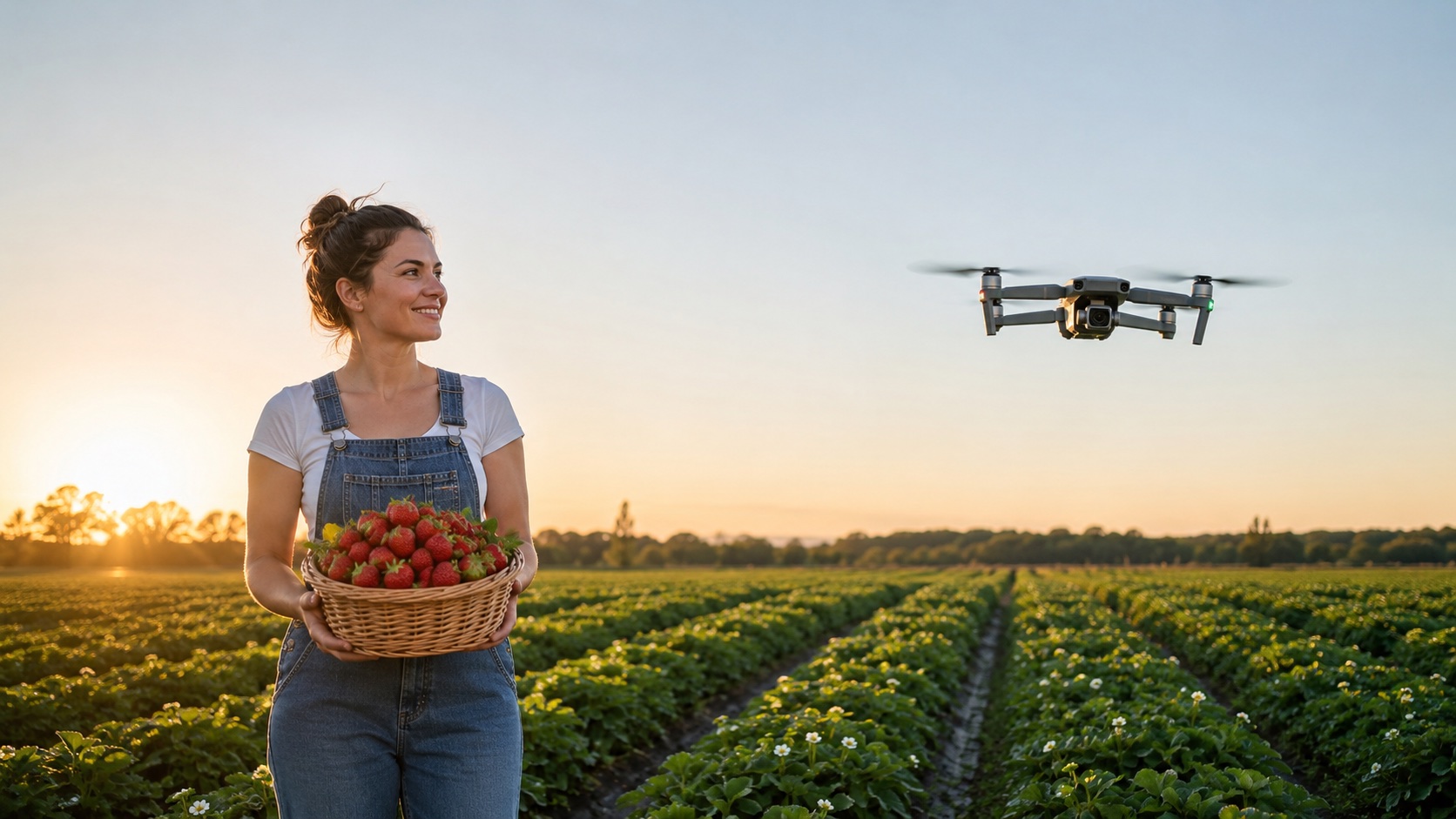Image 1: an adult farmer and drone in a strawberry garden