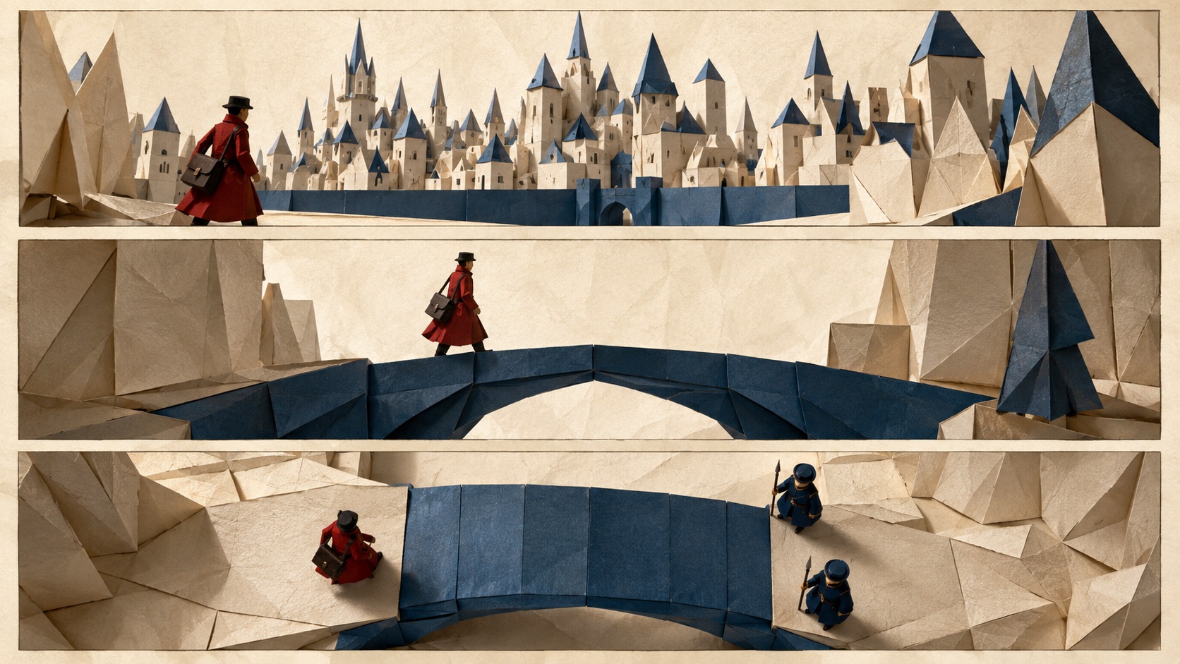 Image 1: a storyboard grid for a paper-city chase