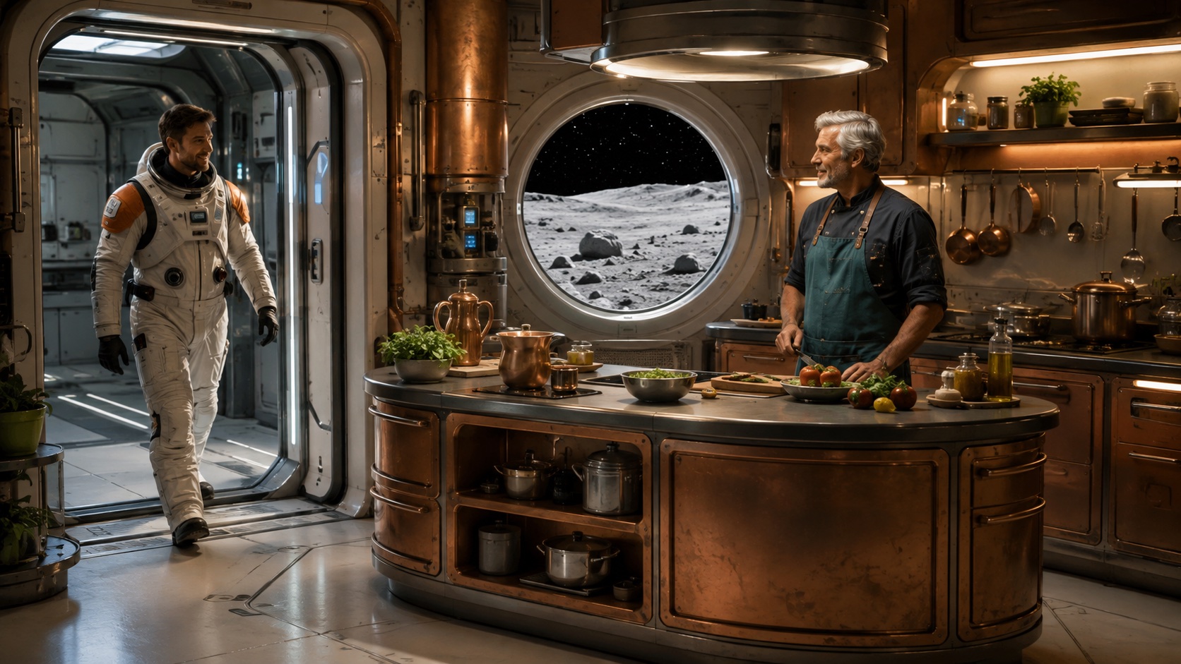Image 1: wide storyboard frame of an adult astronaut entering the lunar kitchen