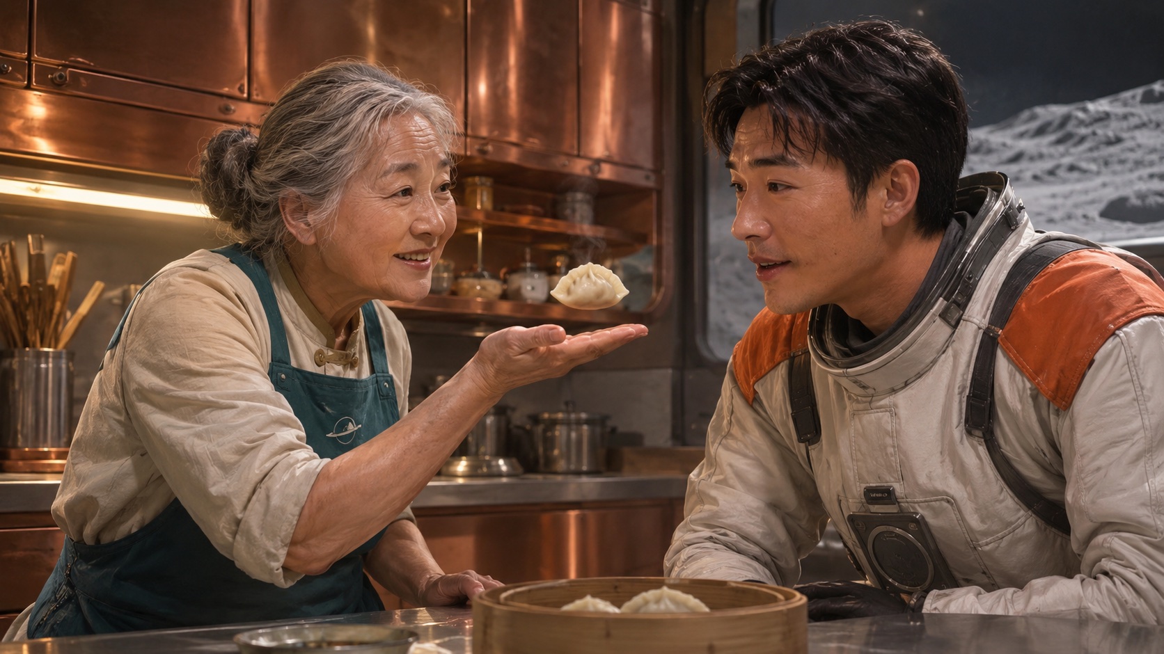 Image 2: medium storyboard frame of the older cook offering a floating dumpling
