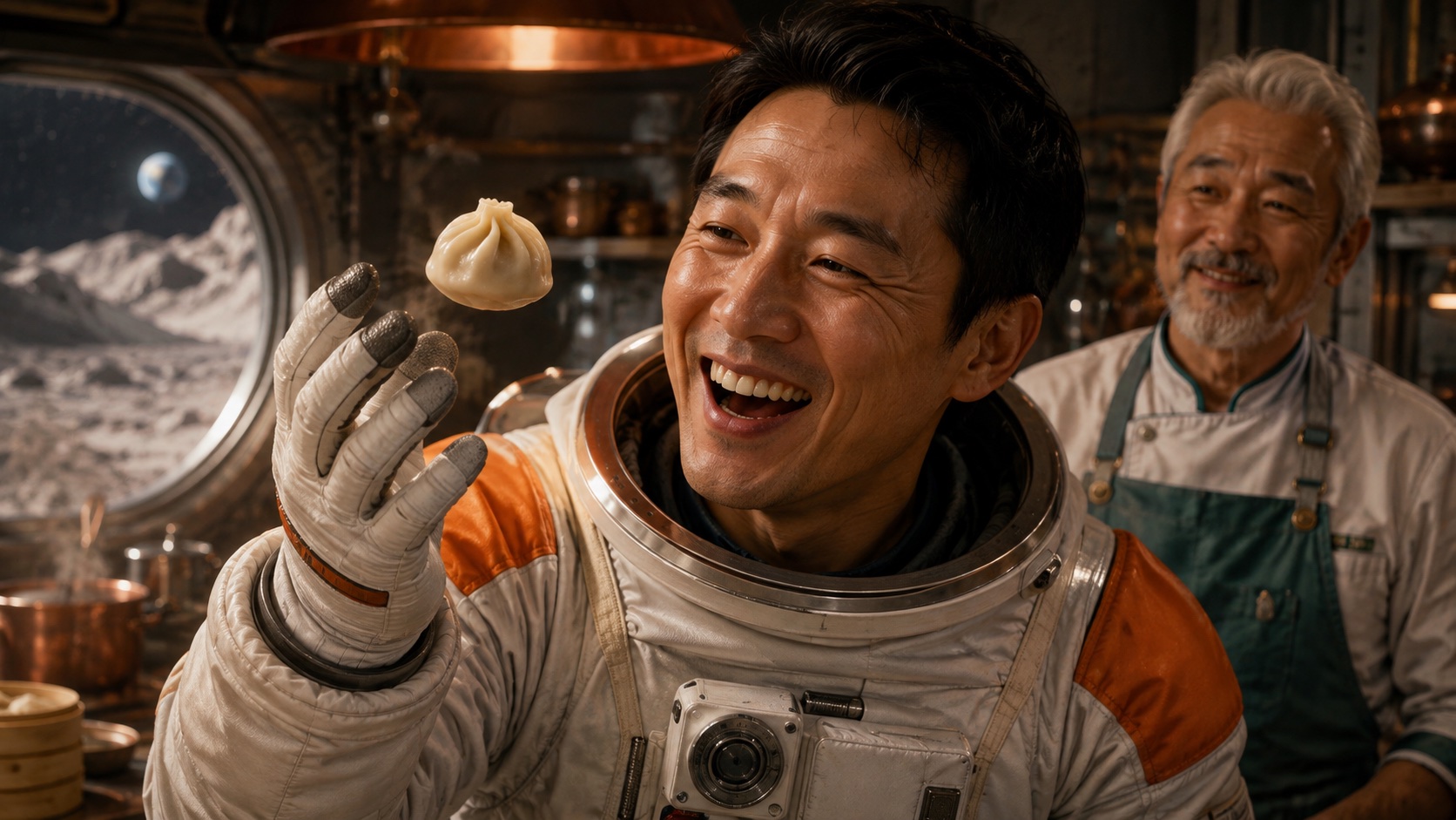 Image 3: close storyboard frame of the astronaut catching the dumpling