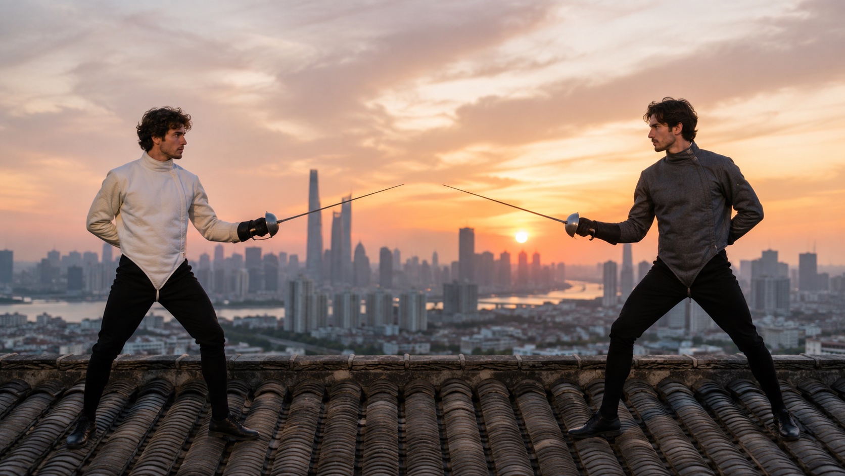 Image 1: two adult fencers in a rooftop training stance