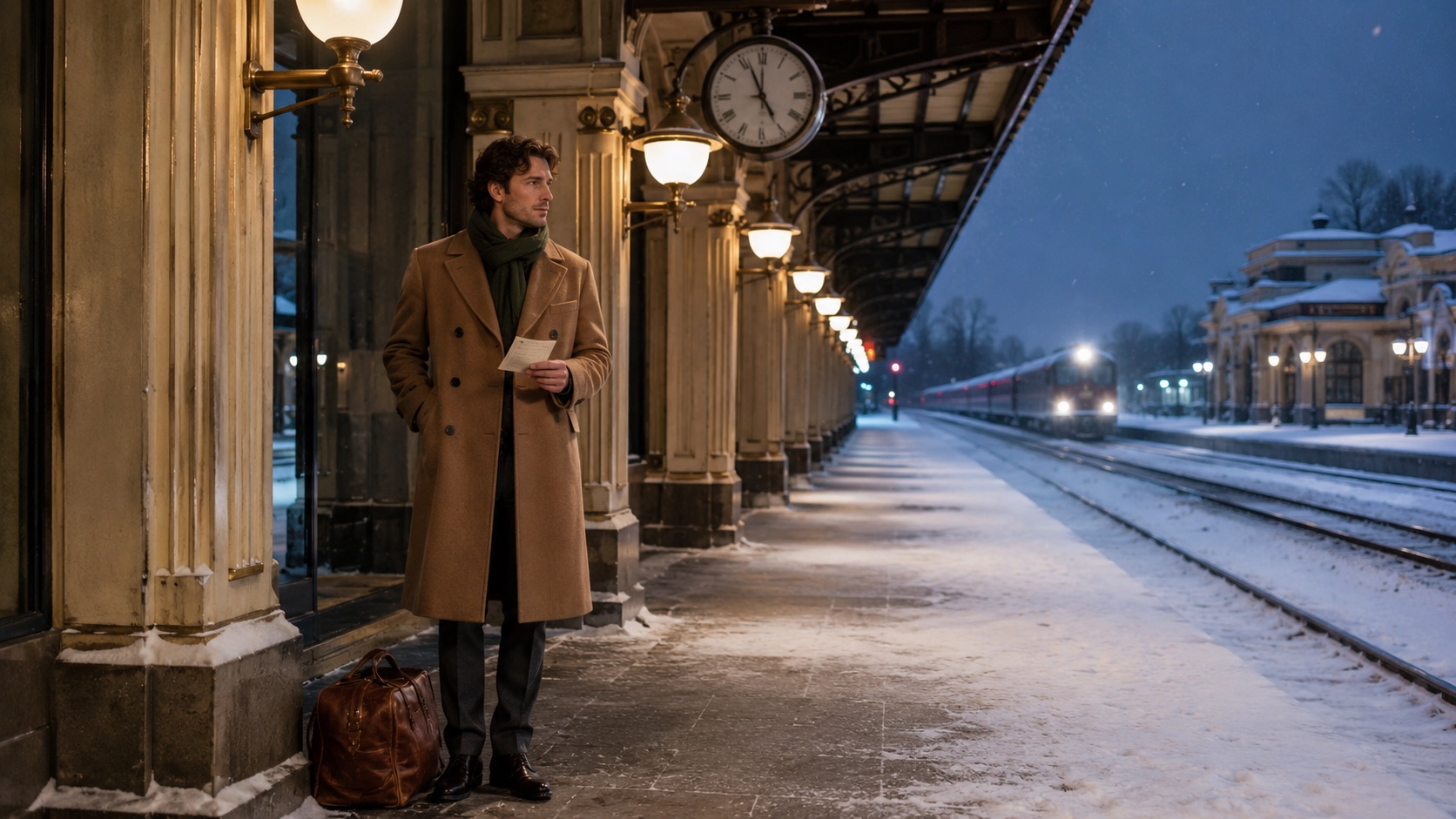 Image 1: a traveler on a snowy railway platform